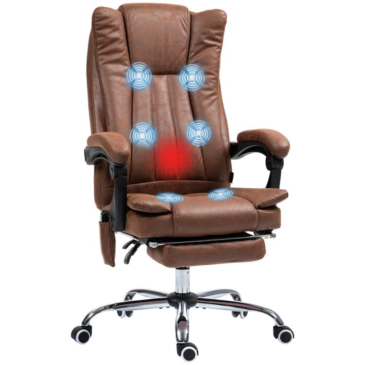 Brown leather-look massage office chair with recline footrest and padded arms
