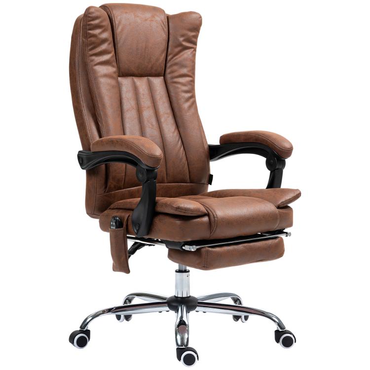 Brown reclining massage office chair with headrest, armrests, and footrest