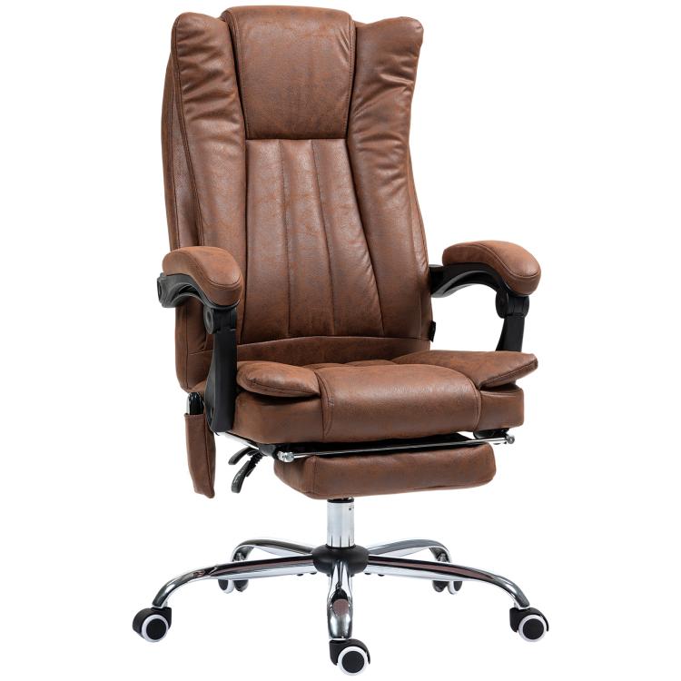 Brown padded massage office chair with high back, armrests, and chrome rolling base