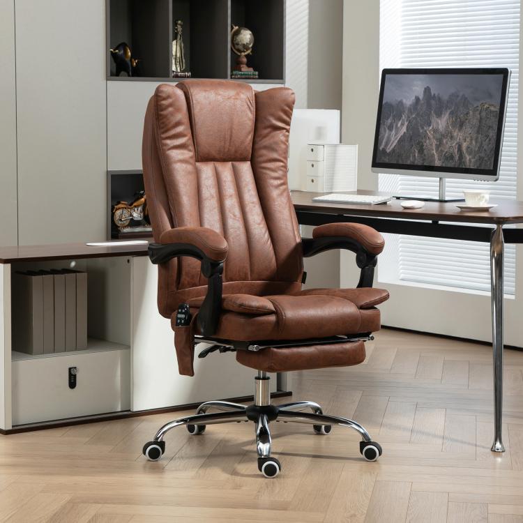 Brown leather-look massage office chair with recline seat, armrests, and casters