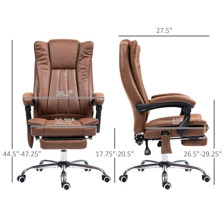 Brown massage office chair shown with size dimensions and adjustable footrest