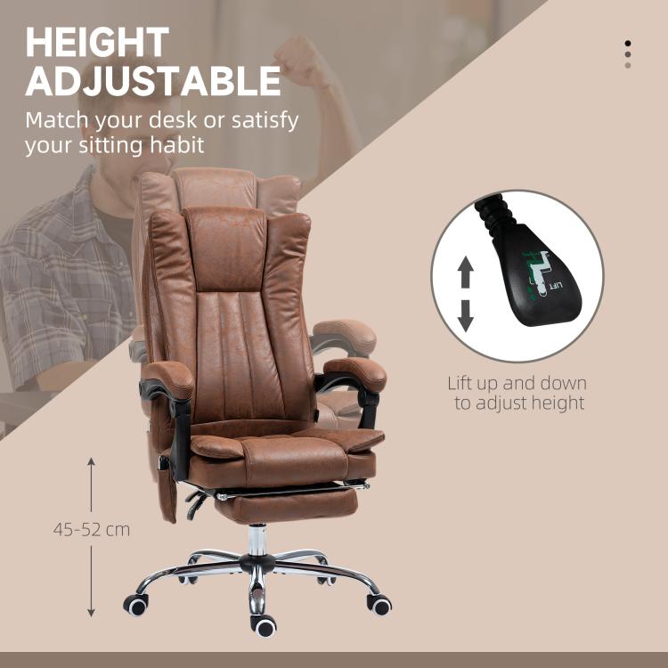 Brown height-adjustable massage office chair with footrest and padded headrest