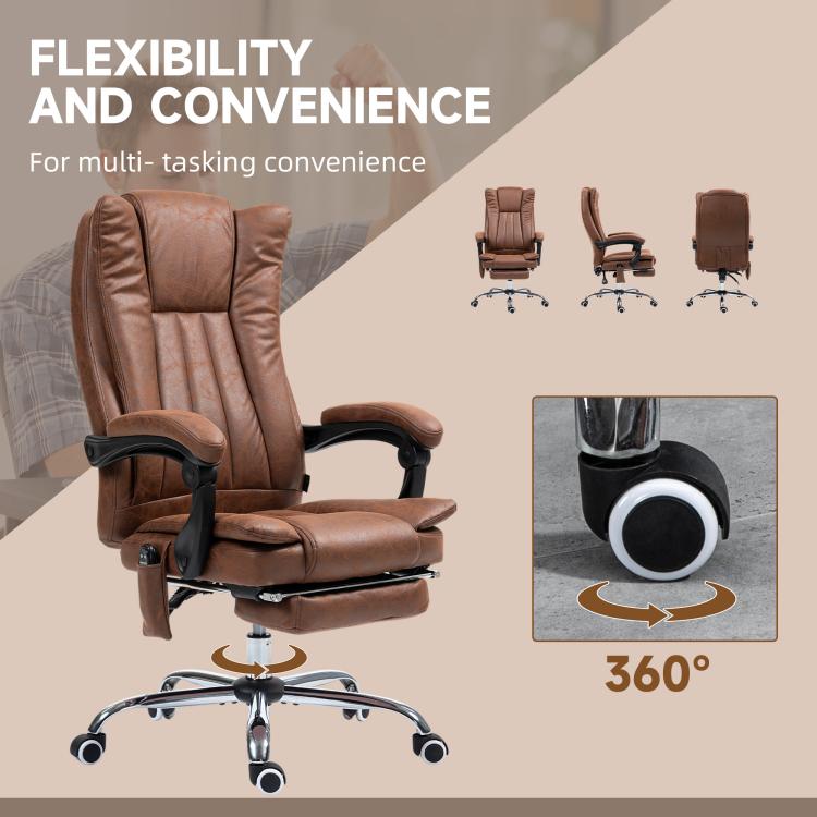 Brown massage office chair with rolling base and recline seat for flexibility