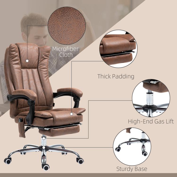Brown massage office chair with microfiber-look upholstery, thick padding, and casters