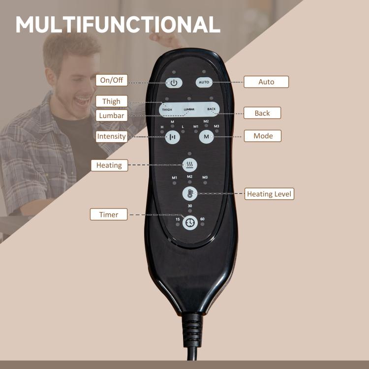 Black massage controller for office chair with heating, timer, and mode buttons