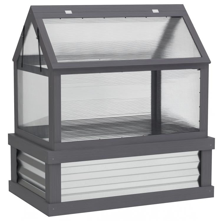 Gray wooden greenhouse cold frame planter with clear panels and vented sides