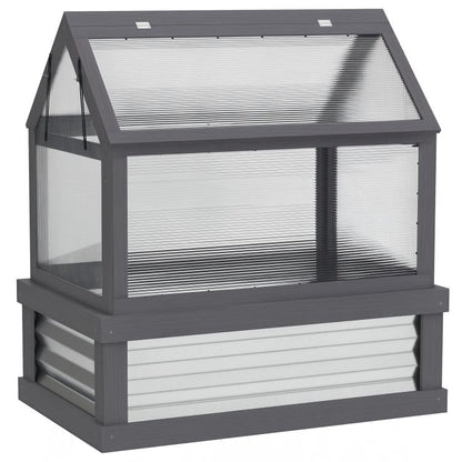 Gray wooden greenhouse cold frame planter with clear panels and vented sides