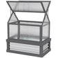 Gray wooden greenhouse cold frame planter with clear side panels and open top