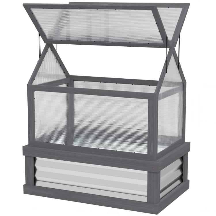 Gray wooden greenhouse cold frame planter with clear side panels and open top
