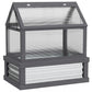 Gray wooden cold frame raised bed with clear greenhouse panels and mesh sides