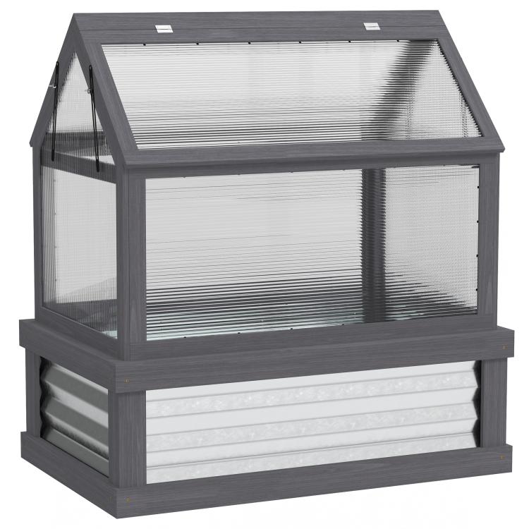 Gray wooden cold frame raised bed with clear greenhouse panels and mesh sides