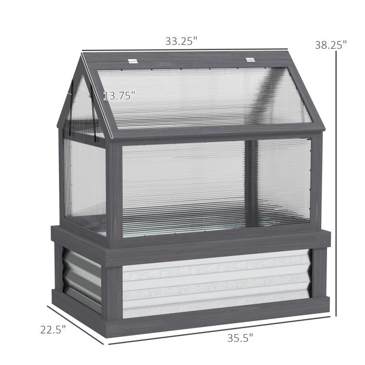Gray wooden greenhouse cold frame planter with transparent front and side panels
