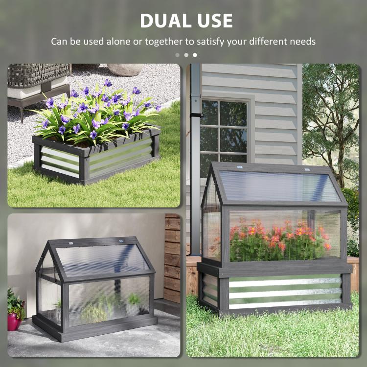 Gray wooden greenhouse cold frame planter for raised plants with transparent lid