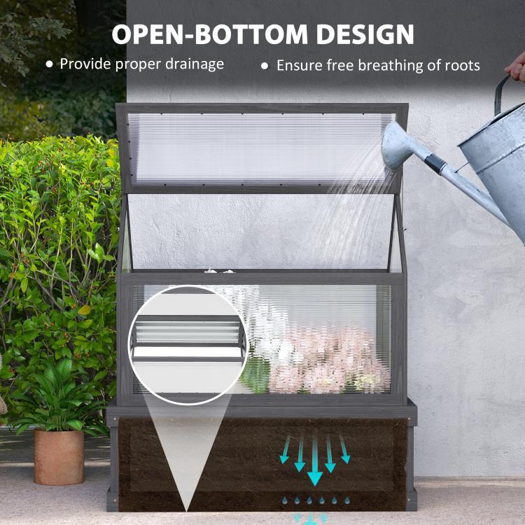 Gray wooden greenhouse cold frame planter with open-bottom design for drainage