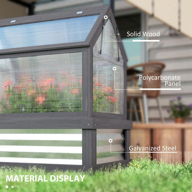 Gray wooden greenhouse cold frame planter with polycarbonate panel and metal frame