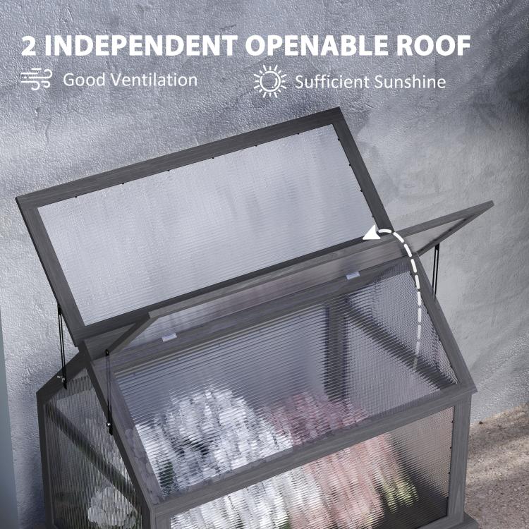 Gray wooden greenhouse cold frame with two independent openable roof panels
