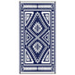 Reversible outdoor rug with navy and white geometric border and center diamonds