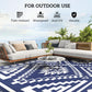 Navy and white outdoor rug with geometric center motif and border