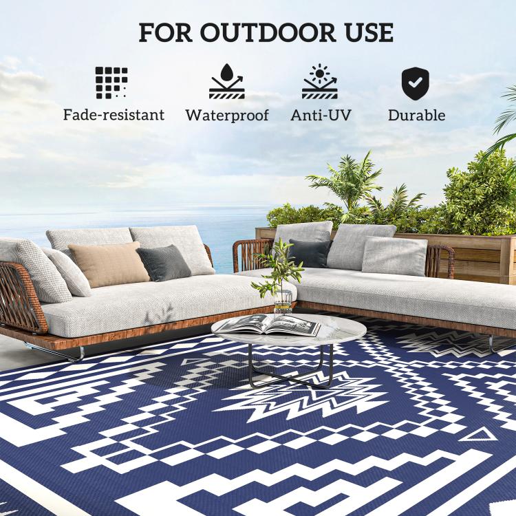 Navy and white outdoor rug with geometric center motif and border