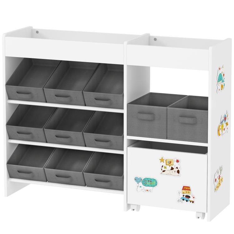 White toy organizer cabinet with gray bins across shelves and two lower storage compartments