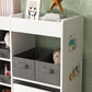 Kids toy storage organizer cabinet with 11 gray bins and front animal sticker panel