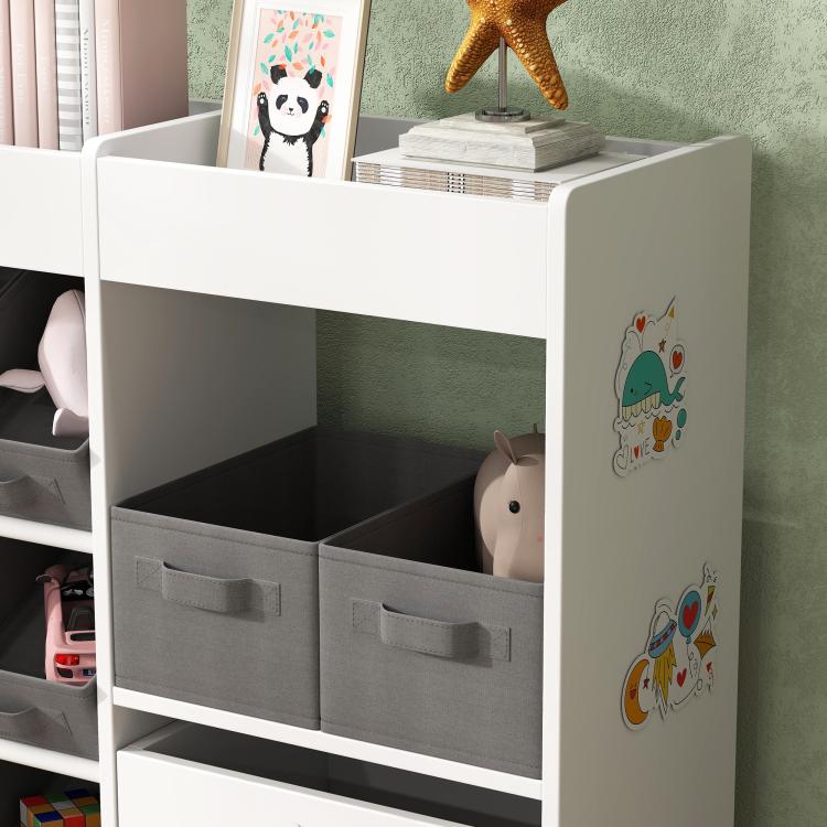 Kids toy storage organizer cabinet with 11 gray bins and front animal sticker panel
