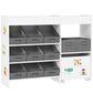 Kids toy storage organizer with white cabinet, 11 gray storage bins and two open shelves