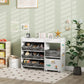 White kids toy storage cabinet with gray bins and colorful animal sticker panels