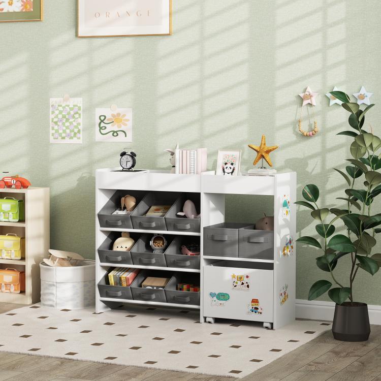 White kids toy storage cabinet with gray bins and colorful animal sticker panels