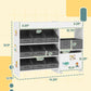 Toy storage organizer diagram showing gray bin layout and cabinet side compartments