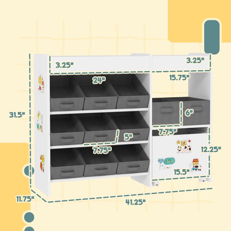 Toy storage organizer diagram showing gray bin layout and cabinet side compartments