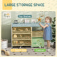White toy storage cabinet with top shelves, gray bins, and a cabinet storage unit