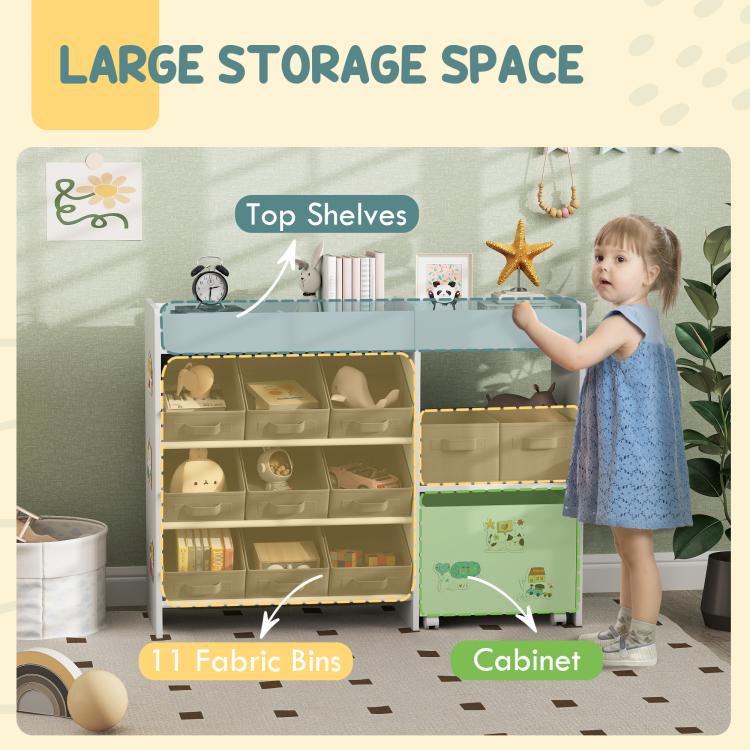 White toy storage cabinet with top shelves, gray bins, and a cabinet storage unit