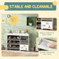Toy storage organizer infographic showing open cabinet with gray bin compartments
