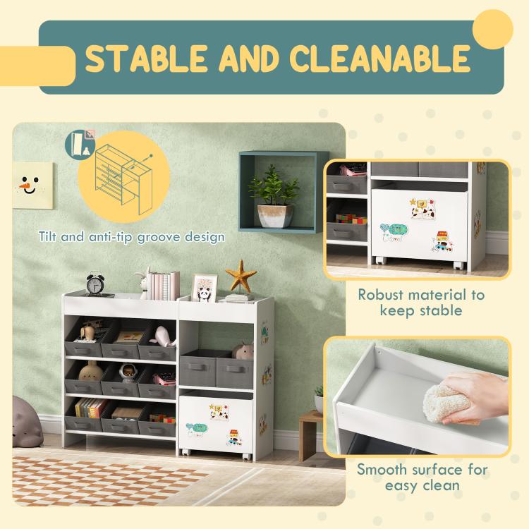 Toy storage organizer infographic showing open cabinet with gray bin compartments