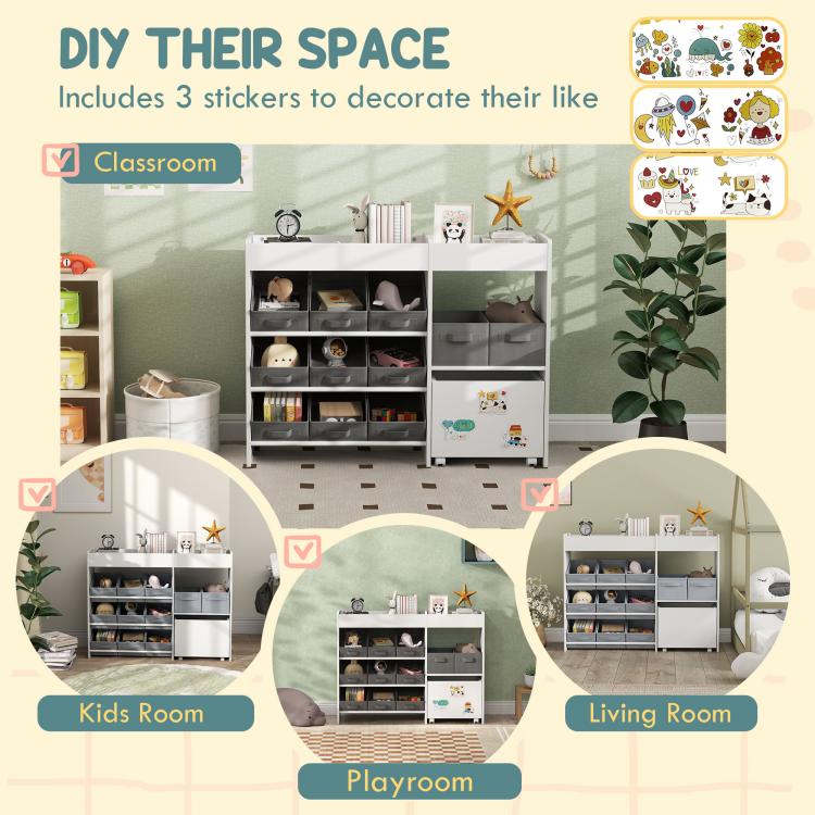 Toy storage organizer infographic showing cabinet use in kids room and living room