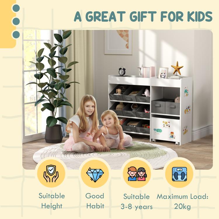Toy storage organizer in a living room with open white cabinet and gray bins