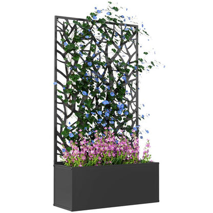 Black metal garden bed planter with attached trellis for climbing plants