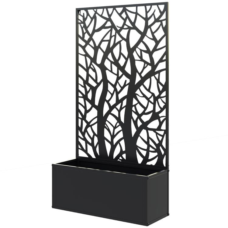 Black freestanding metal flower bed with tall lattice trellis panel