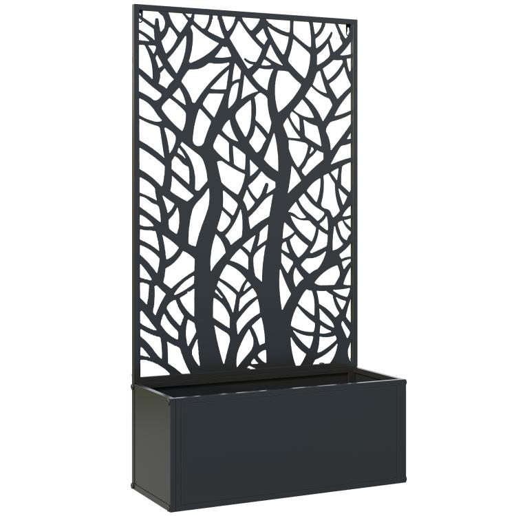 Black metal flower planter with trellis backing and rectangular soil box