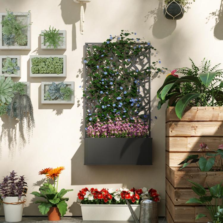 Black metal garden bed with trellis panel and flowers on the patio wall