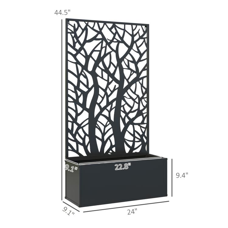 Black metal trellis flower bed with planter base; size diagram view