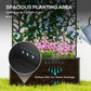 Black metal planter bed with bottom drainage slits and trellis frame
