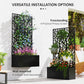 Metal garden bed with trellis shown as wall-mounted and freestanding options