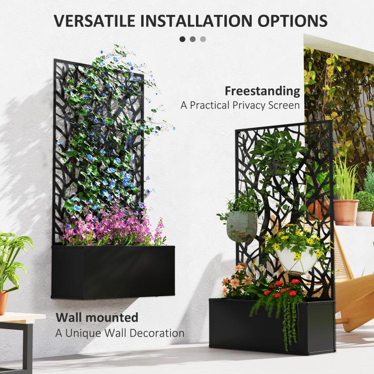 Metal garden bed with trellis shown as wall-mounted and freestanding options