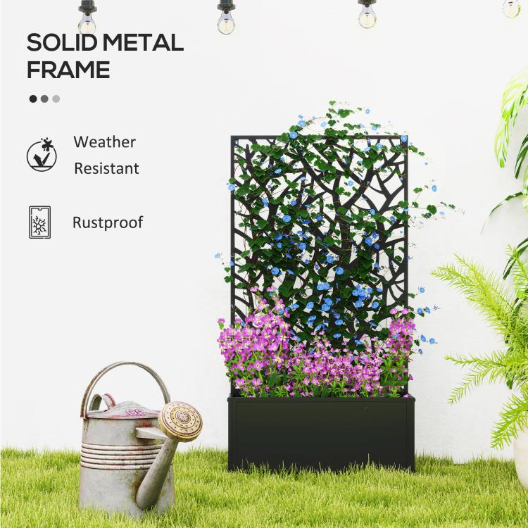 Black metal frame garden bed with trellis panel and planted flowers