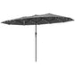 Gray patio parasol canopy with LED string lights and center pole