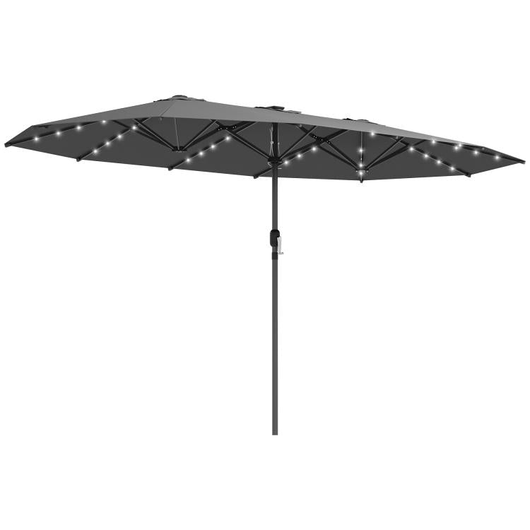 Gray patio sun umbrella with LED lights along canopy edge and ribs