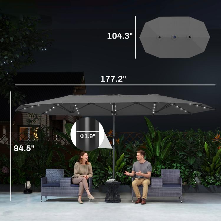 Gray patio parasol with LED lights and height measurement guide