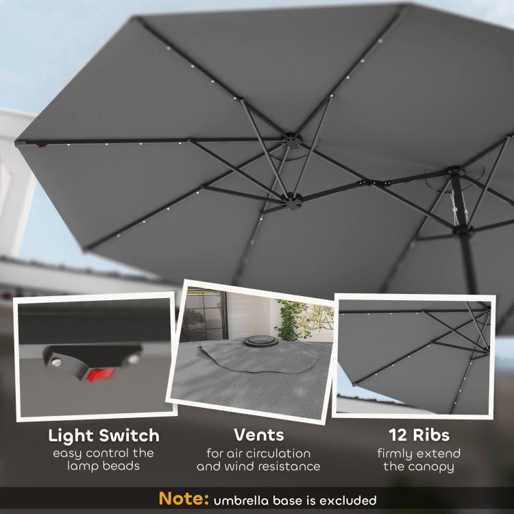 Gray parasol canopy with metal frame ribs and LED light line